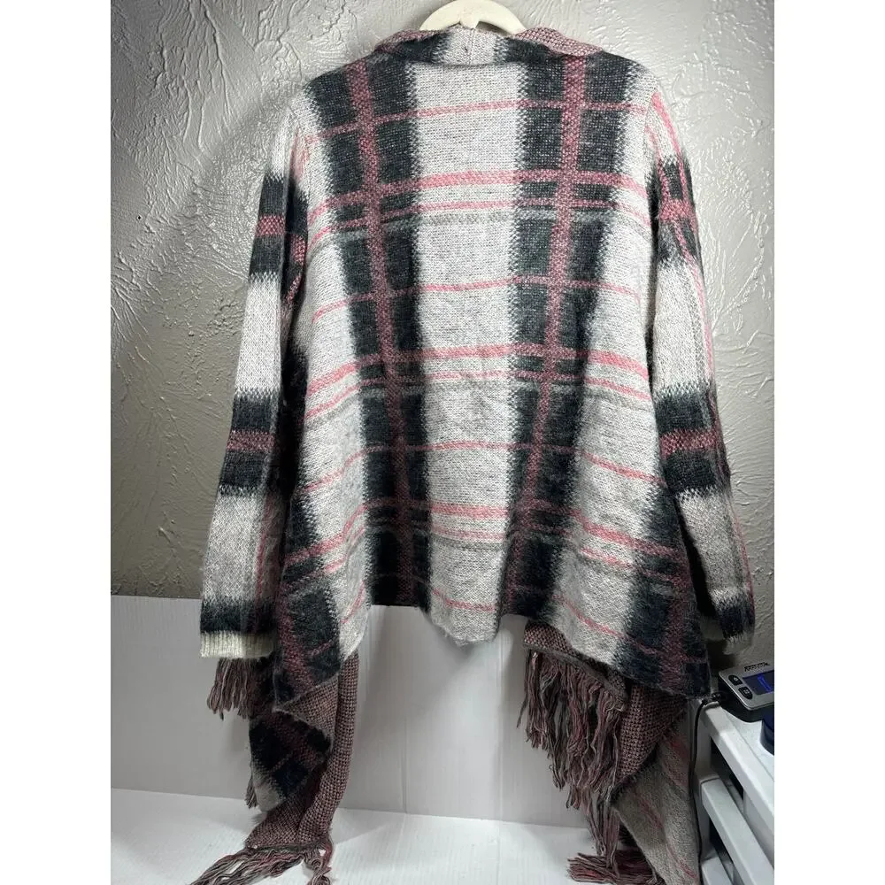 Lucky Brand Plaid Pink Gray Cardigan Shawl Fringe Sweater Jacket Size‎ Large - Picture 3 of 3